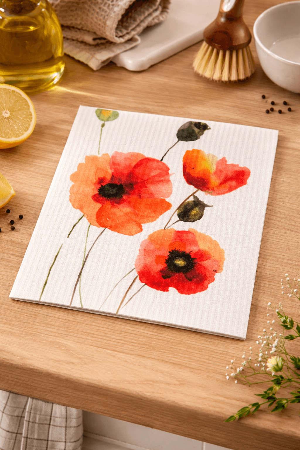 Swedish dishcloth with watercolor poppy flower design styled on a light wooden kitchen counter