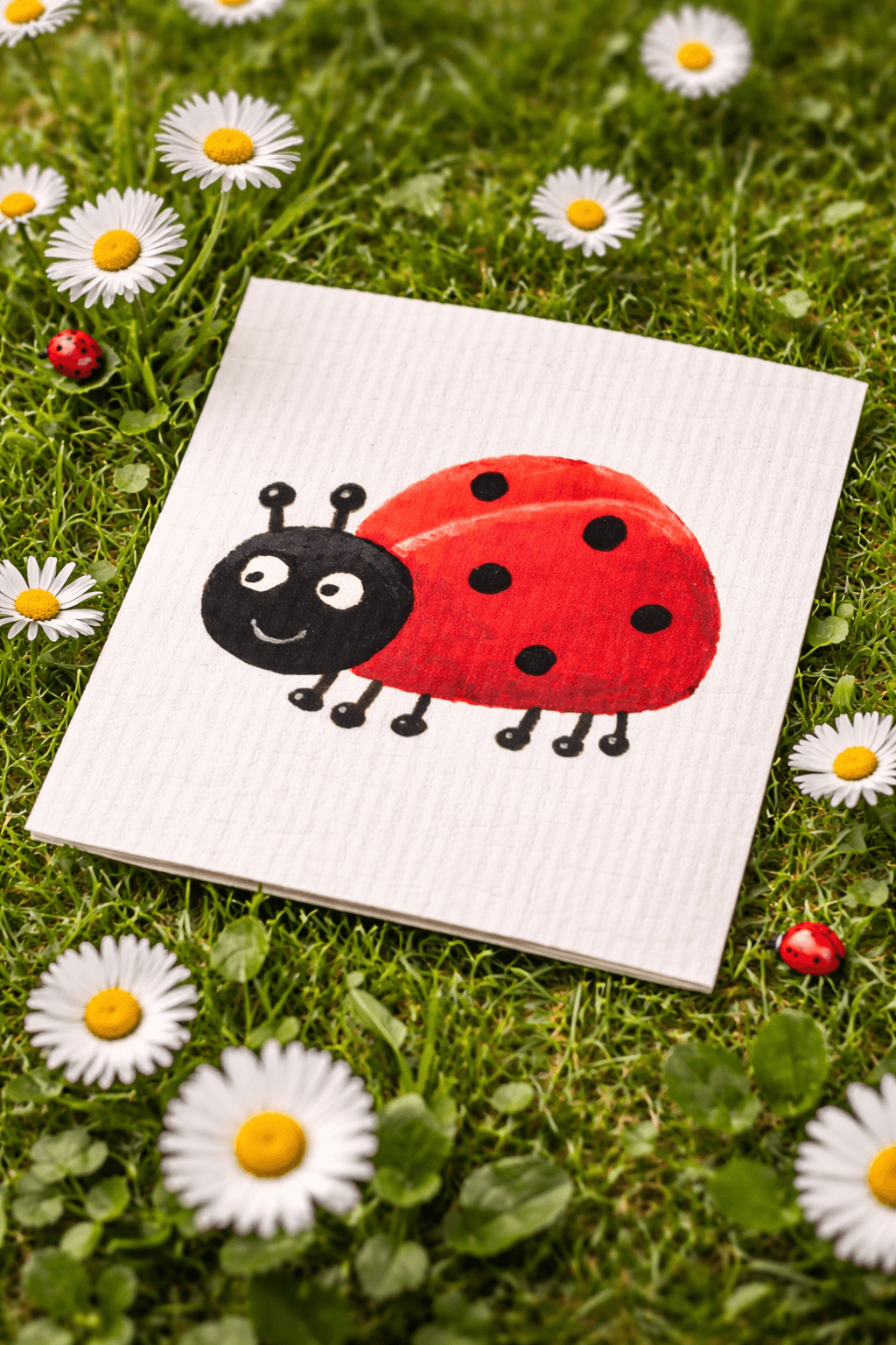 Dishcloth with a red ladybug among daisies