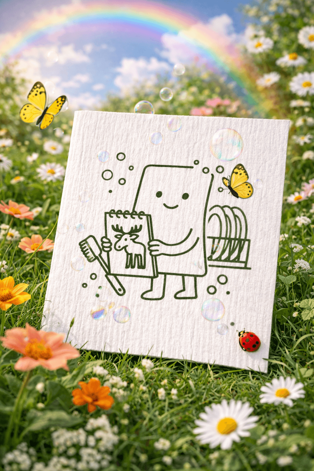 Swedish dishcloth with a playful cartoon cleaning character styled in a colorful garden with flowers and bubble