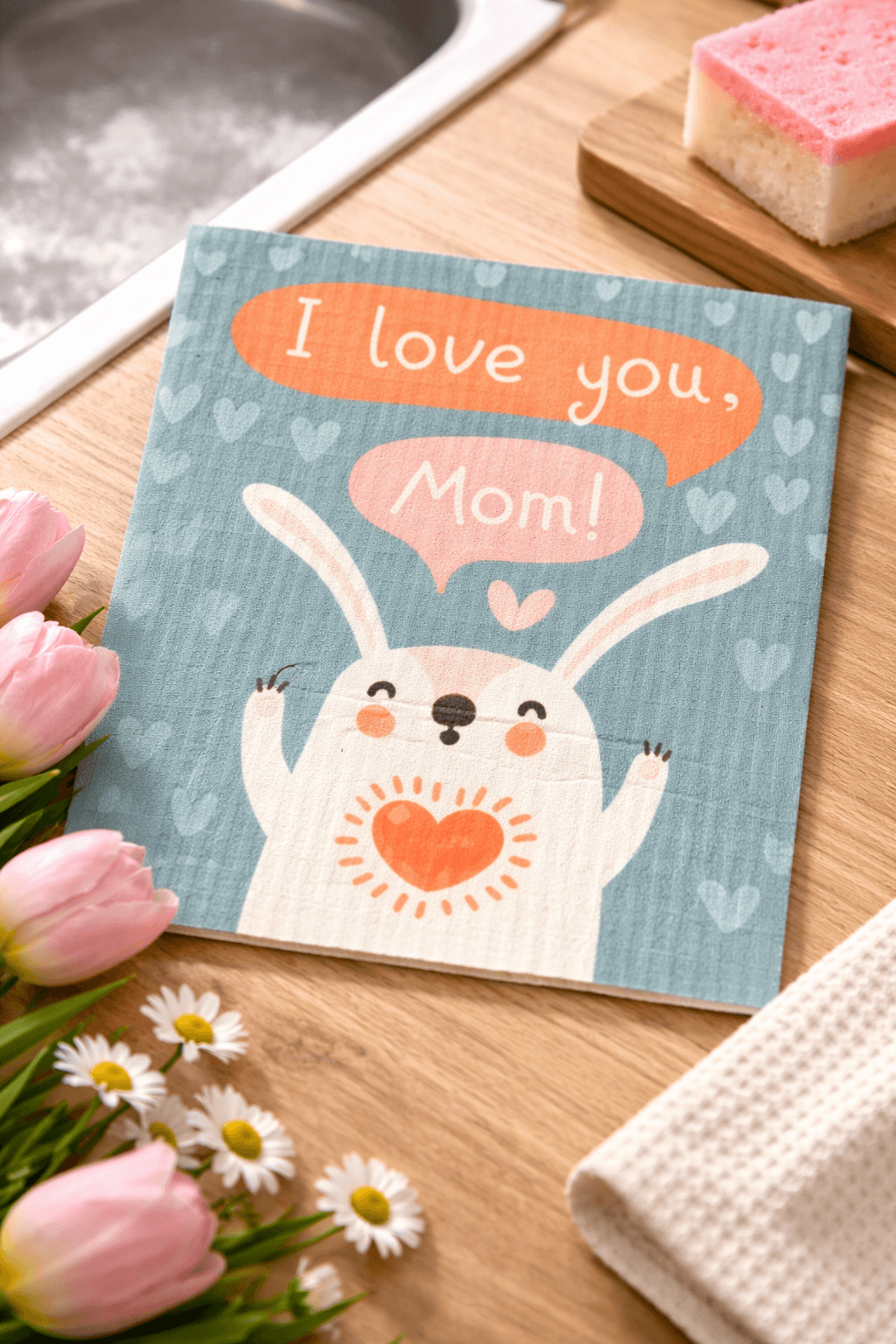 Dishcloth with a rabbit and the words “I love you, Mom!”