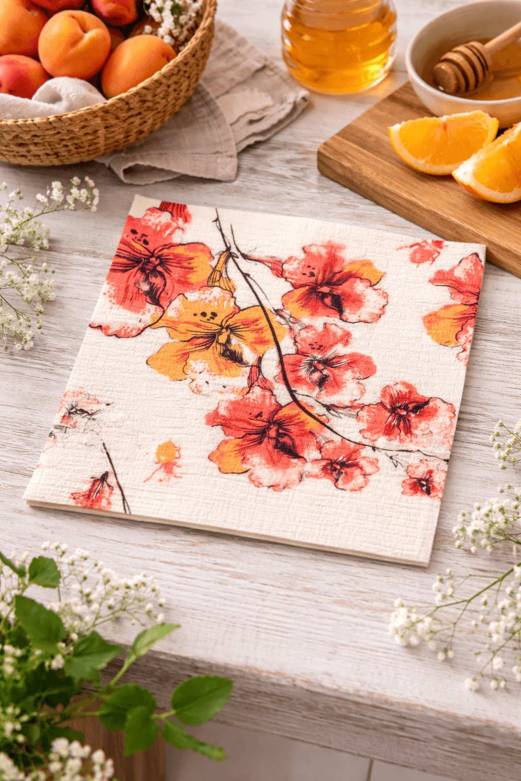 Orange flower design Swedish dishcloth, reusable eco-friendly kitchen cloth styled in a warm kitchen setting